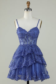 Mignon Une ligne Spaghetti Straps Bleu foncé Corset scintillant Robe de cocktail