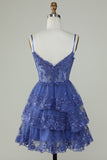 Mignon Une ligne Spaghetti Straps Bleu foncé Corset scintillant Robe de cocktail