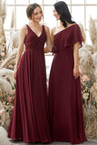 Robe de demoiselle d'honneur en mousseline bordeaux