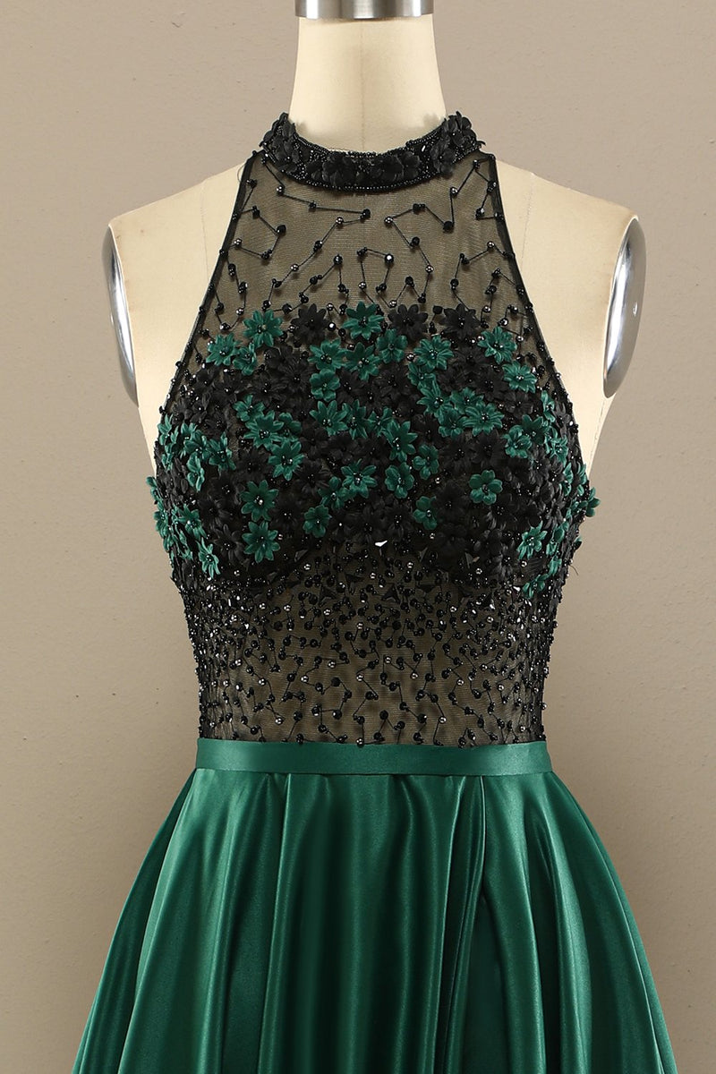 Charger l&#39;image dans la galerie, Vert foncé perles longue robe de bal avec des fleurs