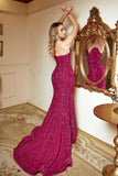 Mermaid Sweetheart Fuchsia Paillettes Robe longue de bal avec Sweep Train