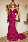 Mermaid Sweetheart Fuchsia Paillettes Robe longue de bal avec Sweep Train