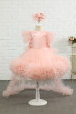 Robe rose haute-basse Tulle Flower Girl avec nœud