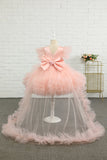 Robe rose haute-basse Tulle Flower Girl avec nœud