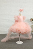 Robe rose haute-basse Tulle Flower Girl avec nœud
