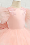 Robe rose haute-basse Tulle Flower Girl avec nœud