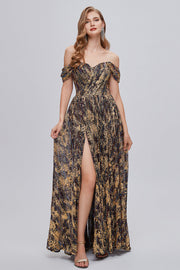 Robe formelle glitter Brown Off the Shoulder avec fente