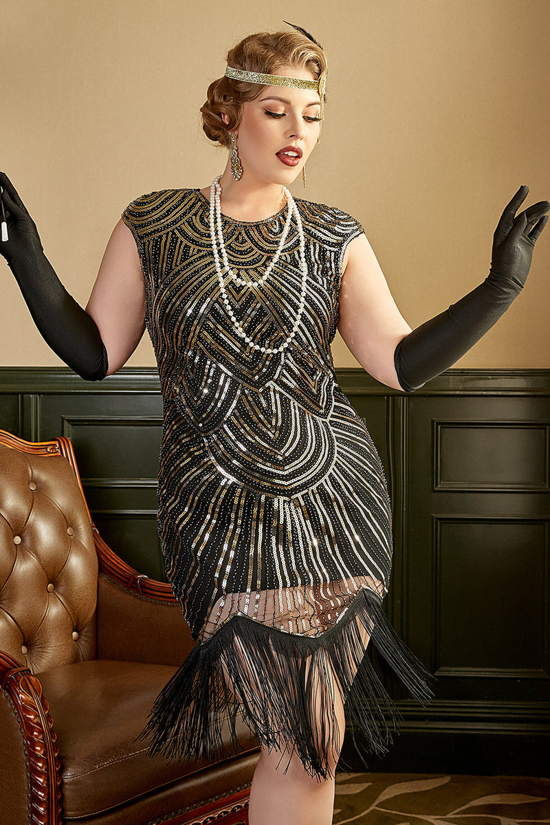 Charger l&#39;image dans la galerie, Golden Sequins 1920s Plus Size Robe avec franges
