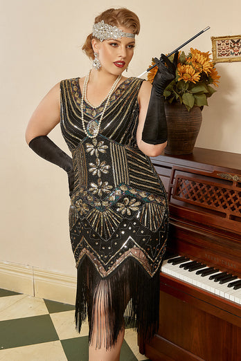 Noir 1920s grande taille Perlée Paillettes robe