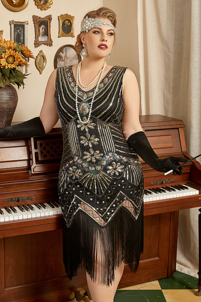 Charger l&#39;image dans la galerie, Noir 1920s grande taille Perlée Paillettes robe