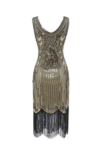 Gold V Neck 1920s Fringe Sequin Flapper Robe Flapper
