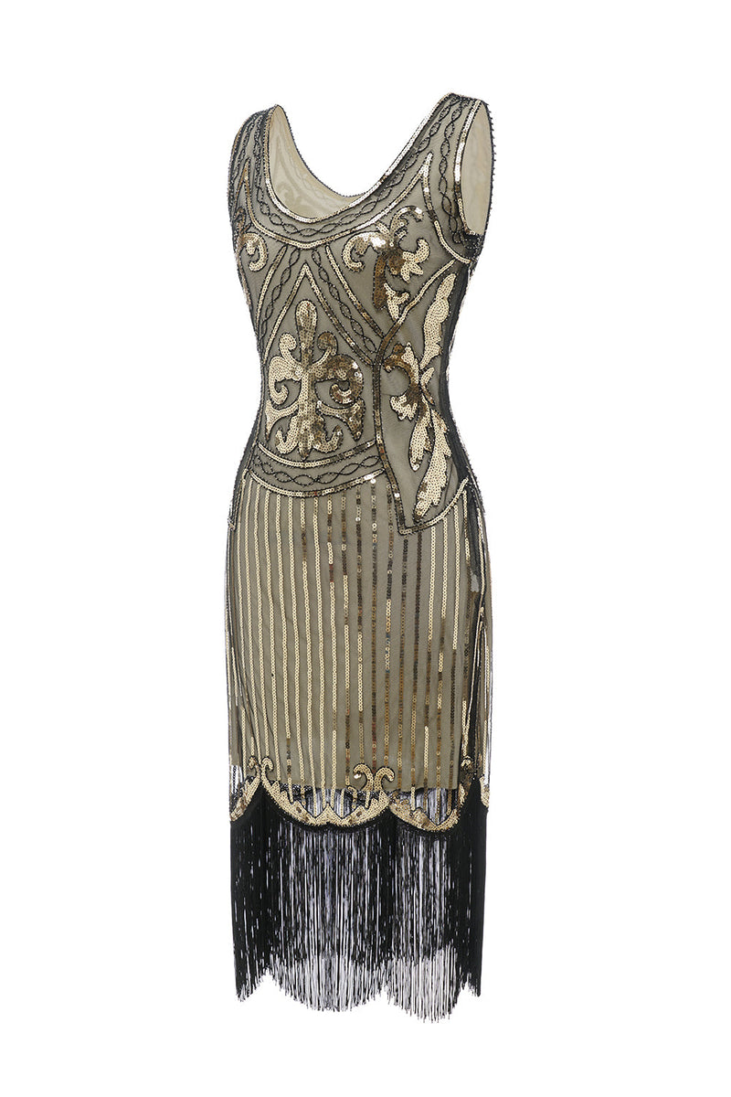 Charger l&#39;image dans la galerie, Gold V Neck 1920s Fringe Sequin Flapper Robe Flapper