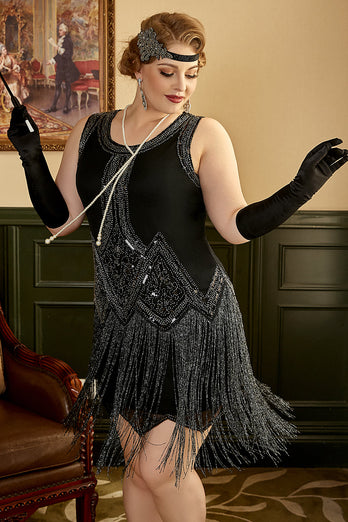 Noir Plus Taille 1920s Flapper Robe avec franges
