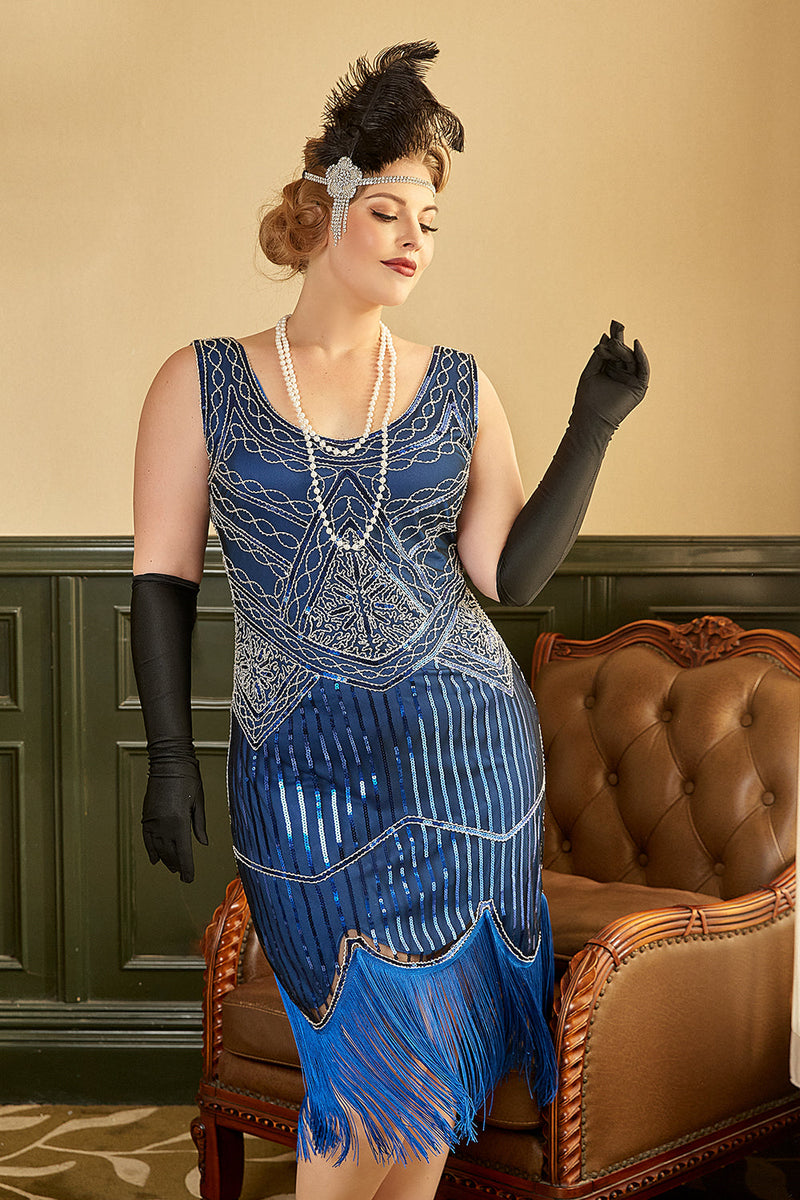 Charger l&#39;image dans la galerie, Royal Blue Plus Taille 1920s Robe avec Franges