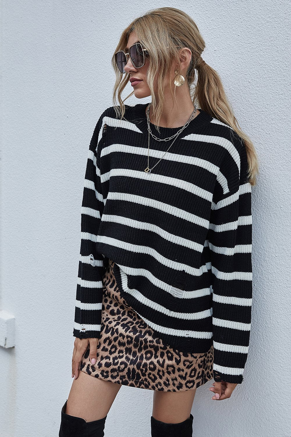 Loose Stitching Striped Crew Neck Pull