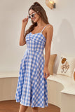 Spaghetti Straps Blue Plaid Robe d’été des années 50