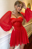 Robe de cocktail Red Puff Sleeves