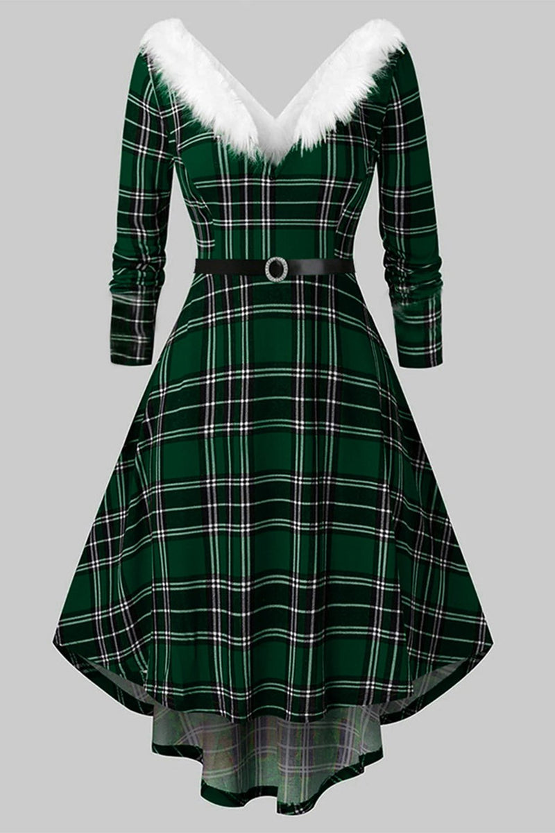 Charger l&#39;image dans la galerie, V Neck Robe de Noël à manches longues Plaid