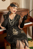 Noir Golden Sequins Gatsby Fringed Plus Taille 1920s Robe