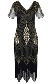 V Manche Noir 1920s Flapper Robe