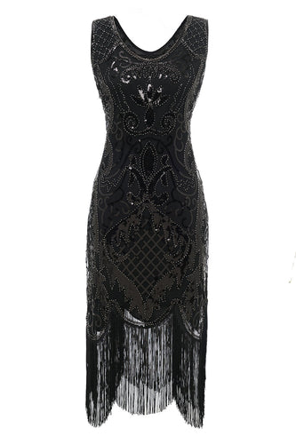 Noir col V Fringe Sequins Robe des années 20