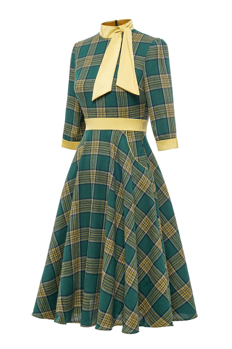 Charger l&#39;image dans la galerie, Robe à carreaux vert vintage des années 1950 avec nœud papillon