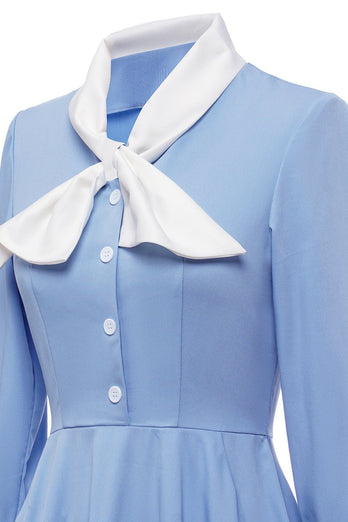 Blue Button Vintage Robe des années 1950 avec nœud papillon