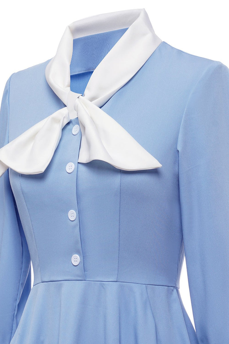 Charger l&#39;image dans la galerie, Blue Button Vintage Robe des années 1950 avec nœud papillon