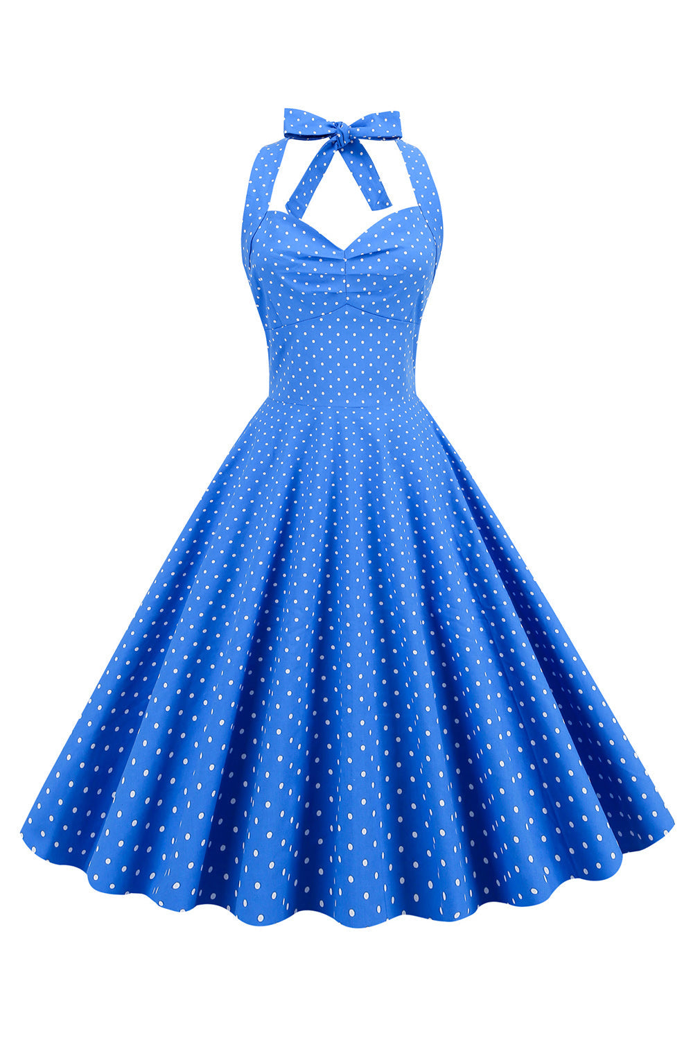 Halter Neck Blue Polka Dots Robe Vintage avec Backless