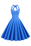Halter Neck Blue Polka Dots Robe Vintage avec Backless