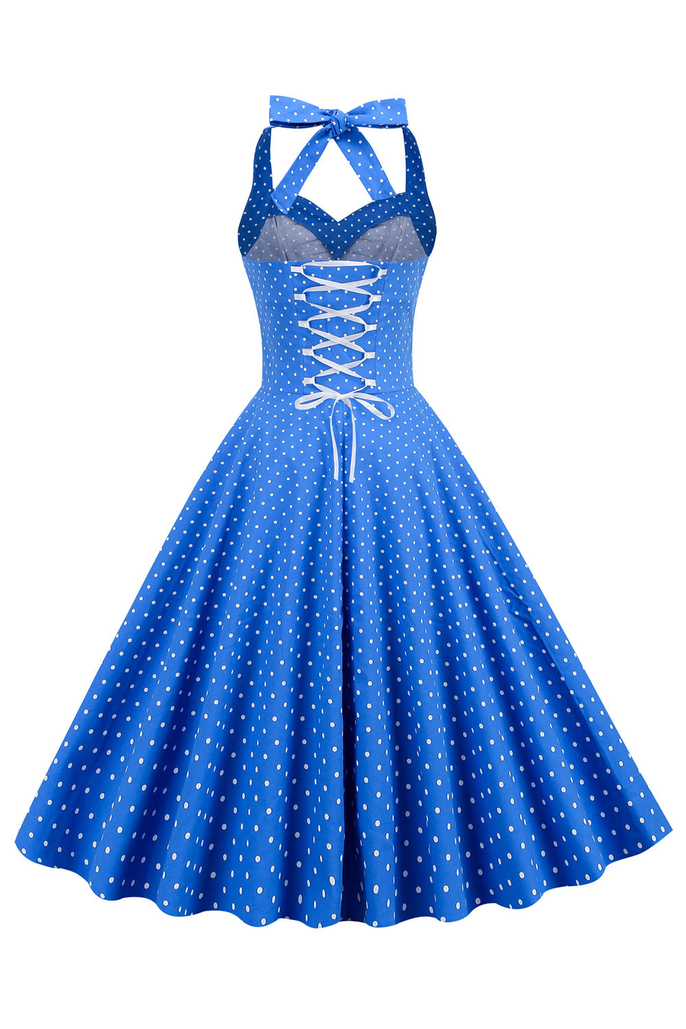 Halter Neck Blue Polka Dots Robe Vintage avec Backless