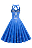 Halter Neck Blue Polka Dots Robe Vintage avec Backless