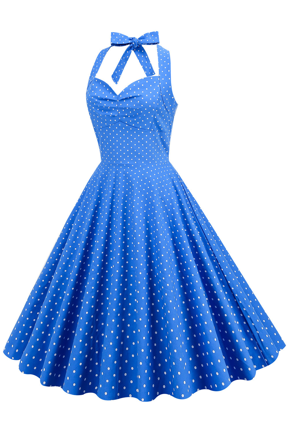 Halter Neck Blue Polka Dots Robe Vintage avec Backless