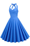 Halter Neck Blue Polka Dots Robe Vintage avec Backless