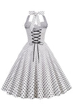 Halter Neck Blue Polka Dots Robe Vintage avec Backless