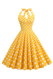 Halter Neck Blue Polka Dots Robe Vintage avec Backless