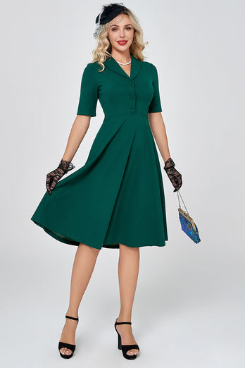 Vert Foncé Manches Courtes Vintage 1950s Robe avec Buttom