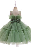 Robe de fille de fleur en Tulle à col rond vert avec noeud papillon