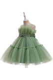Robe de fille de fleur en Tulle à col rond vert avec noeud papillon