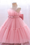 Robe de fille de fleur en Tulle à col rond vert avec noeud papillon