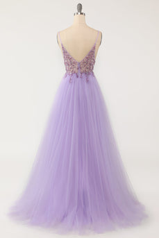 Robe de bal long tulle perlé violet