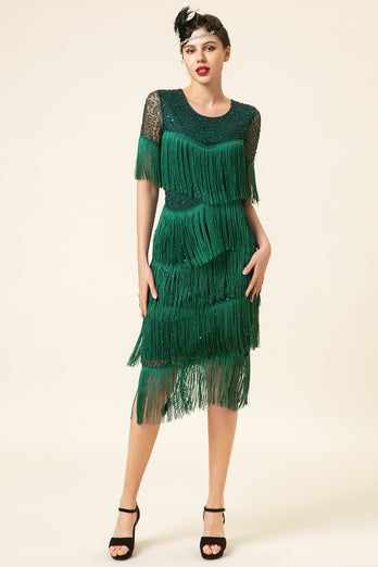 Col rond vert foncé perlé robe Gatsby des années 20 avec franges