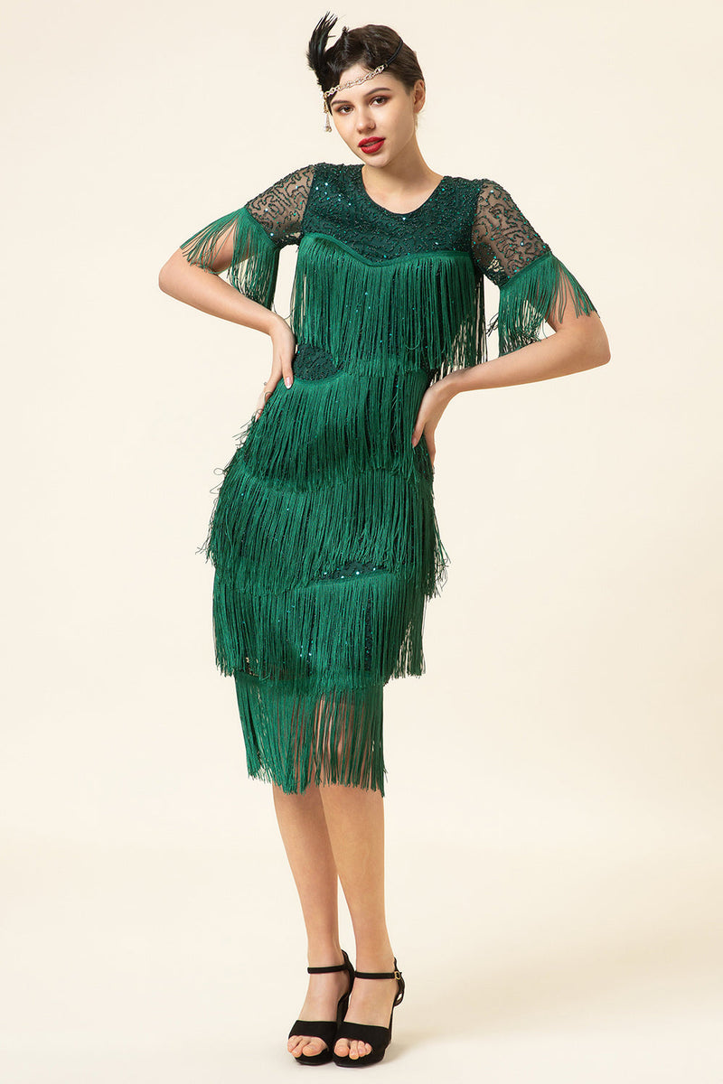 Charger l&#39;image dans la galerie, Col rond vert foncé perlé robe Gatsby des années 20 avec franges