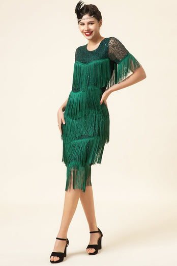 Col rond vert foncé perlé robe Gatsby des années 20 avec franges