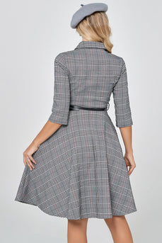 Dark Grey Vintage Plaid 1950s Swing Party Robe avec manches