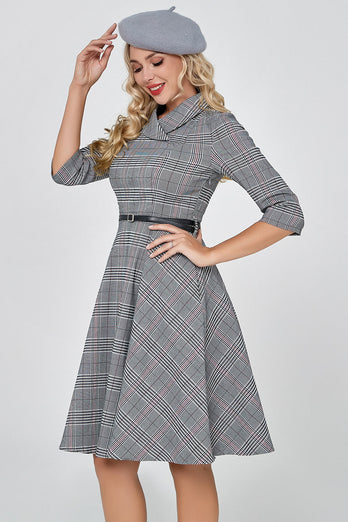 Dark Grey Vintage Plaid 1950s Swing Party Robe avec manches