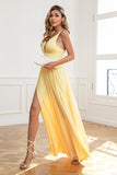 Classic A Line V Neck Yellow Long Prom Robe de bal avec front fendu