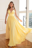 Classic A Line V Neck Yellow Long Prom Robe de bal avec front fendu