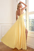 Charger l&#39;image dans la galerie, Classic A Line V Neck Yellow Long Prom Robe de bal avec front fendu