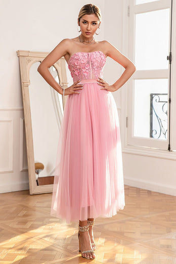 Magnifique robe de bal rose bustier A Line avec appliques